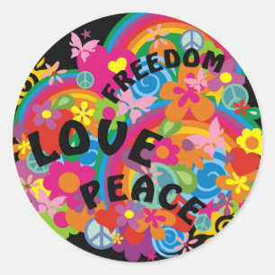 Flower Power Rainbow   black Classic Round Sticker
