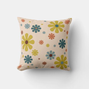 Flower Power Retro 60s Pattern Mustard Blue Orange Cushion