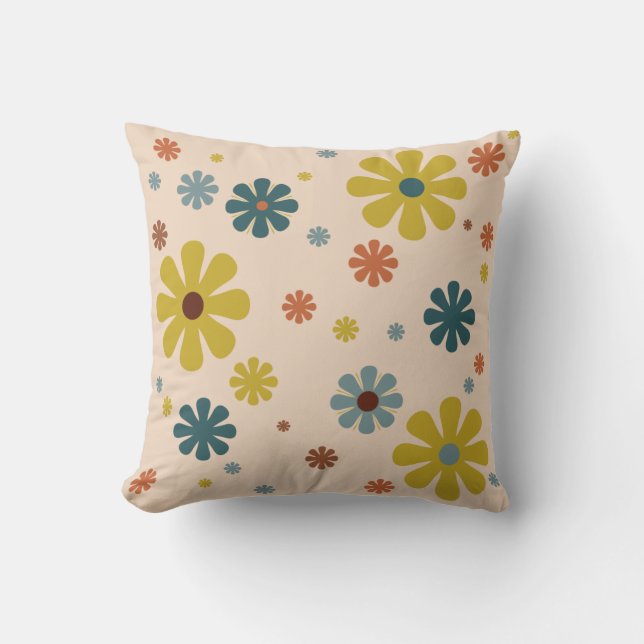 Flower Power Retro 60s Pattern Mustard Blue Orange Cushion (Front)