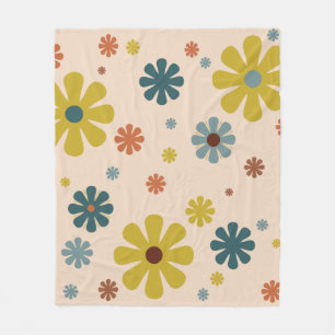 Flower Power Retro 60s Pattern Mustard Blue Orange Fleece Blanket