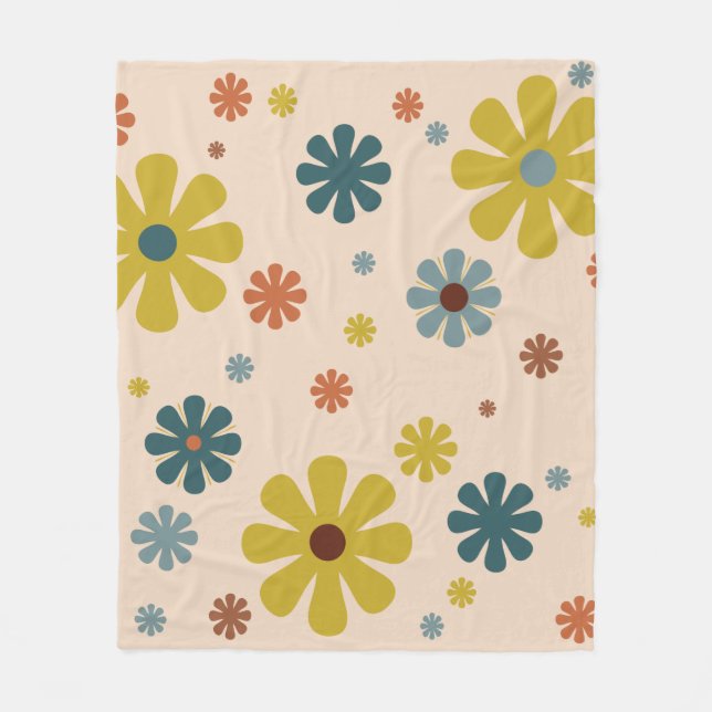 Flower Power Retro 60s Pattern Mustard Blue Orange Fleece Blanket (Front)