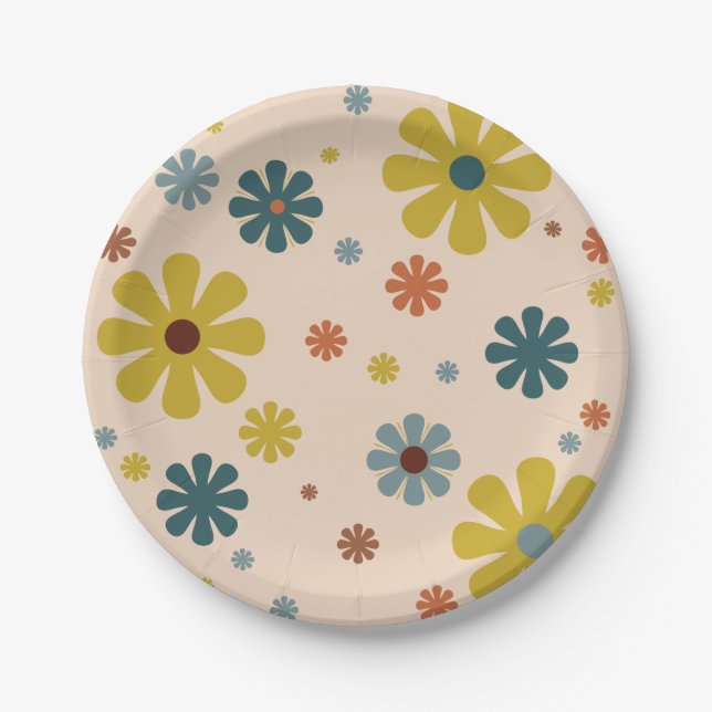 Flower Power Retro 60s Pattern Mustard Blue Orange Paper Plate (Front)