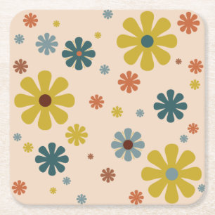Flower Power Retro 60s Pattern Mustard Blue Orange Square Paper Coaster