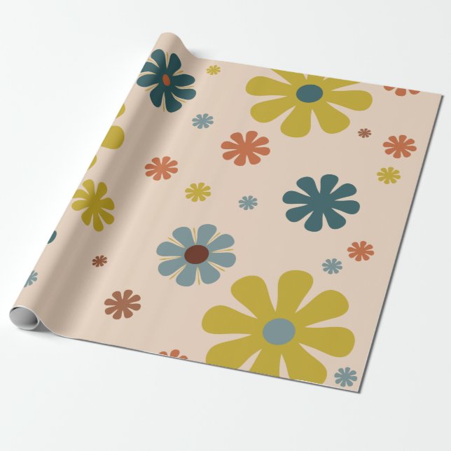 Flower Power Retro 60s Pattern Mustard Blue Orange Wrapping Paper (Unrolled)
