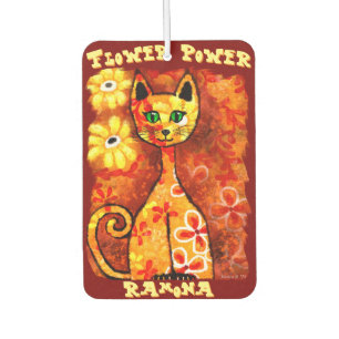 Flower Power Retro Whimsical Cat Personalised Car Air Freshener