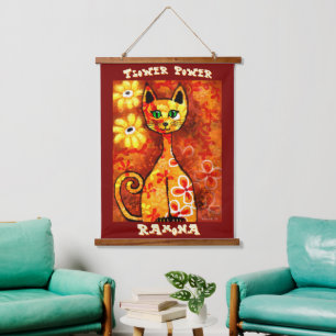Flower Power Retro Whimsical Cat Personalised Hanging Tapestry