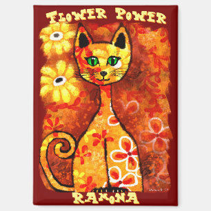 Flower Power Retro Whimsical Cat Personalised Magnet