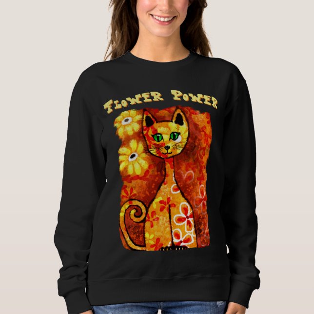 Flower Power Retro Whimsical Cat Personalised Sweatshirt (Front)