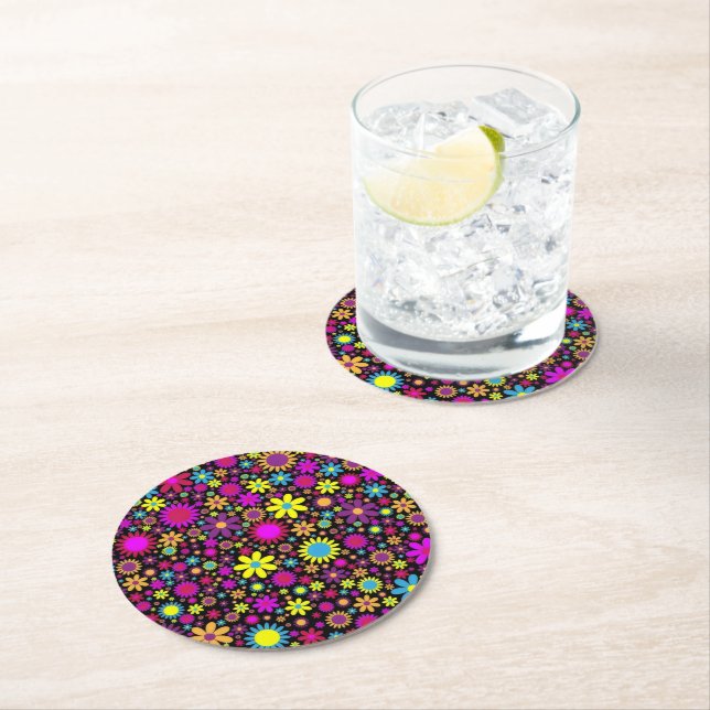 Flower Power Round Paper Coaster (Insitu)