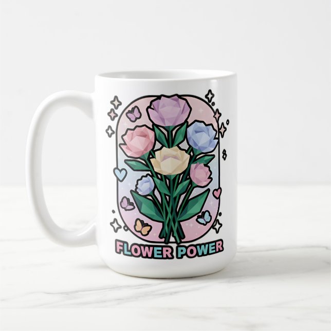 Flower Power Simple Colourful Cartoon Drawing Whit Coffee Mug (Left)