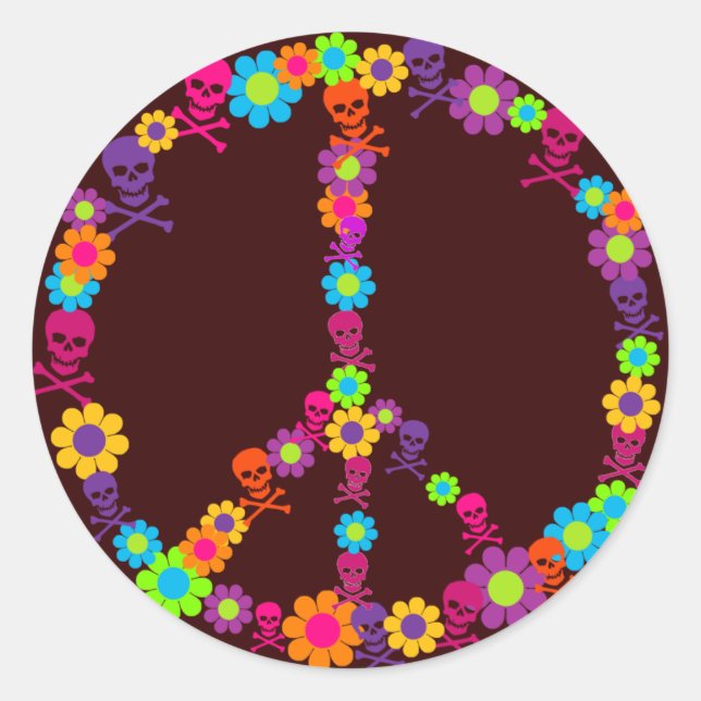 Flower Power Skully Peace Classic Round Sticker (Front)