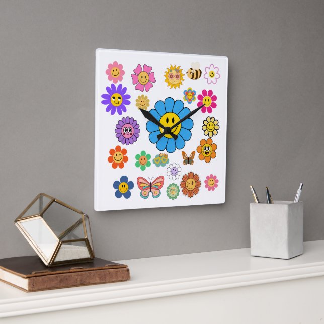 Flower Power Square Wall Clock (Office)