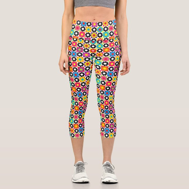Flower Power Squares Capri Leggings (Front)