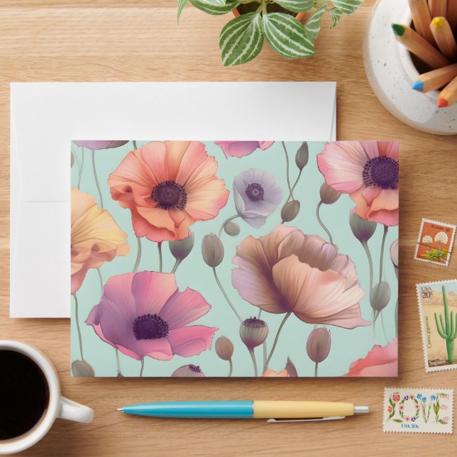 Flower power with pastel poppy patterns envelope (Desk)