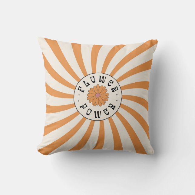 Flower Power with Psychedelic Orange Rays Cushion (Front)