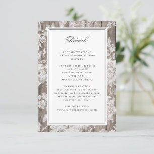 flower print on rustic wood wedding details card