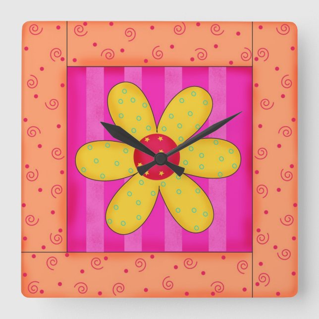Flower Quilt Block Wall Clock Orange (Front)