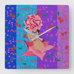 Flower Renewal Bright Floral Girl Square Wall Clock
