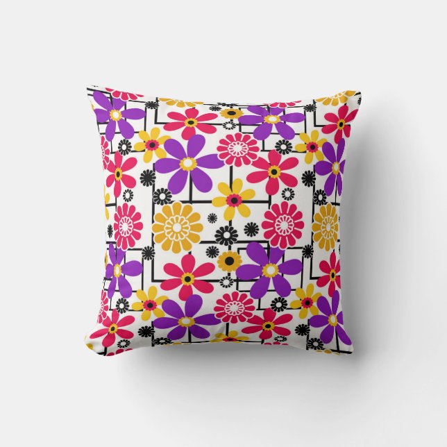 Flower retro, bright retro, floral, red and yellow cushion (Front)