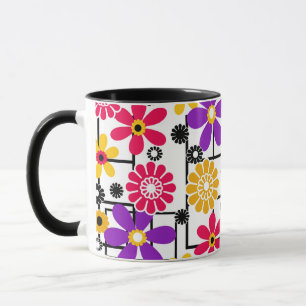 Flower retro, bright retro, floral, red and yellow mug