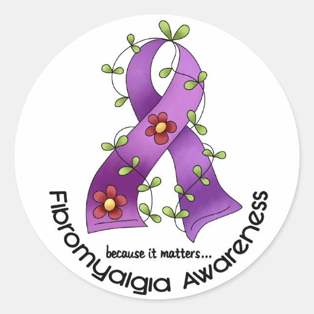 Flower Ribbon FIBROMYALGIA AWARENESS T-Shirts Classic Round Sticker (Front)