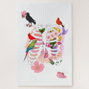 Flower Ribcage and Birds Surreal Nature Poster Jigsaw Puzzle