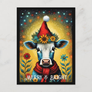 Flower Santa Cute Baby Cow Colourful Christmas  Postcard