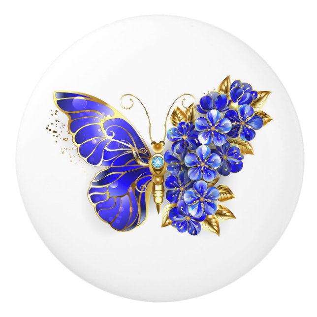 Flower Sapphire Butterfly Ceramic Knob (Front)