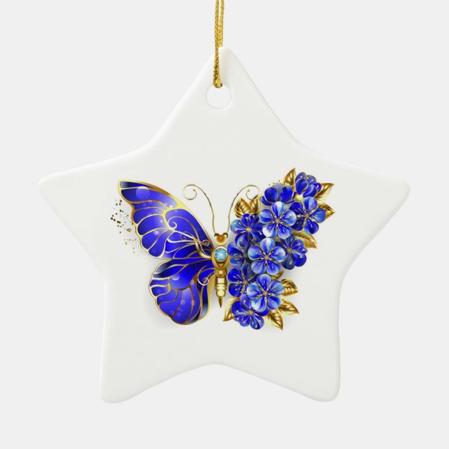 Flower Sapphire Butterfly Ceramic Ornament (Front)