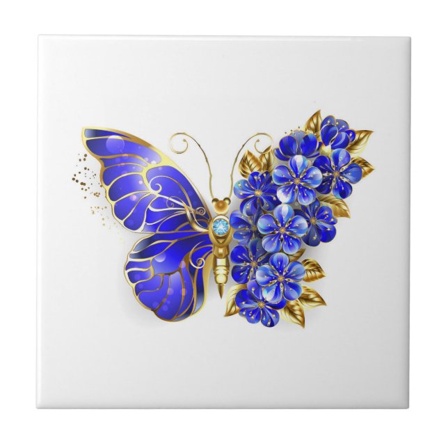 Flower Sapphire Butterfly Ceramic Tile (Front)