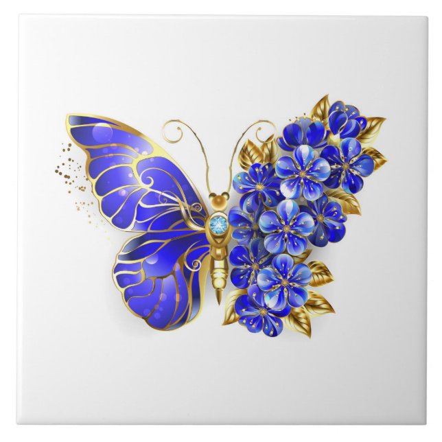Flower Sapphire Butterfly Ceramic Tile (Front)