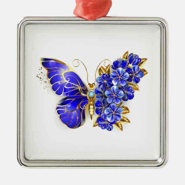 Flower Sapphire Butterfly Metal Ornament (Front)