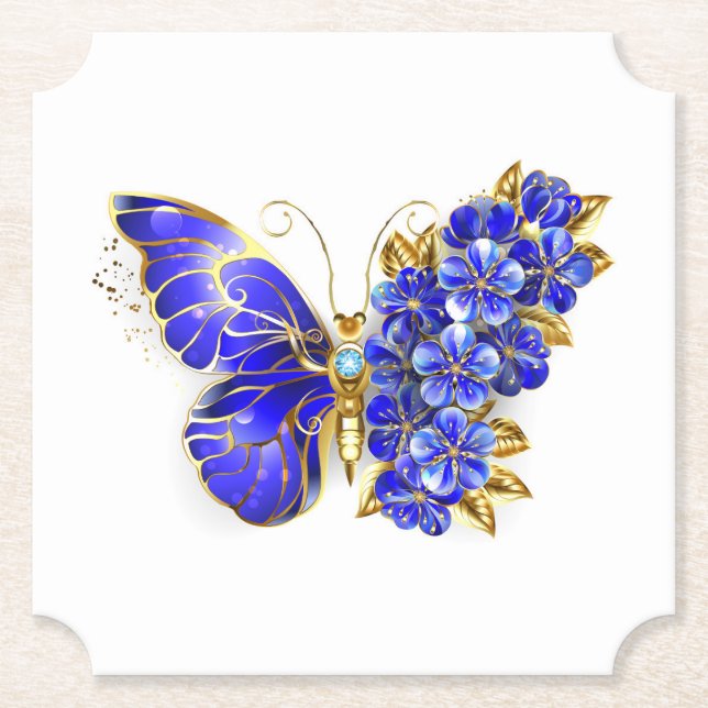 Flower Sapphire Butterfly Paper Coaster (Front)