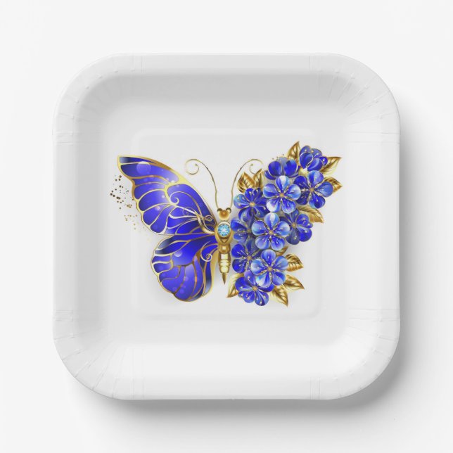 Flower Sapphire Butterfly Paper Plate (Front)