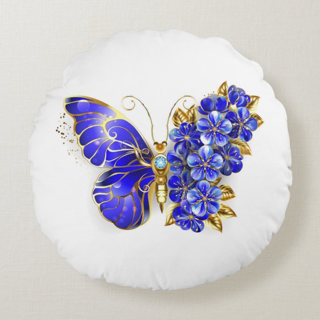 Flower Sapphire Butterfly Round Cushion (Front)