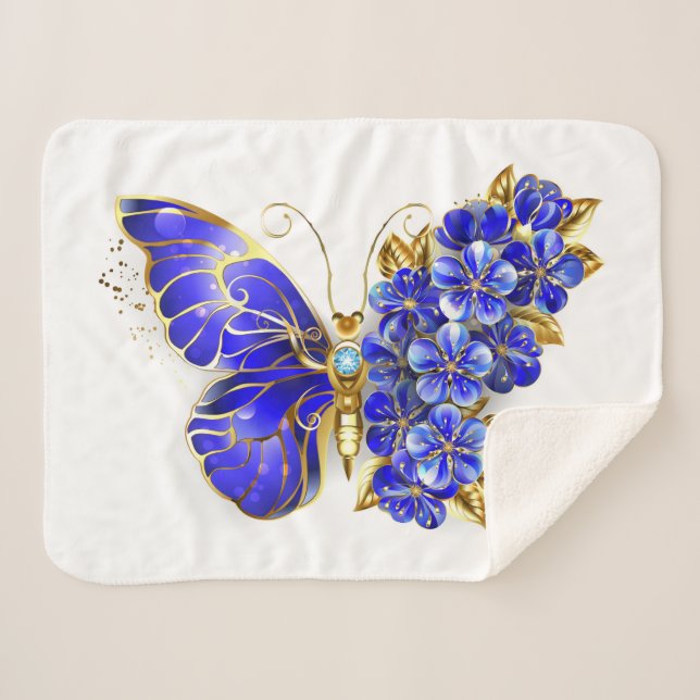 Flower Sapphire Butterfly Sherpa Blanket (Front (Horizontal))