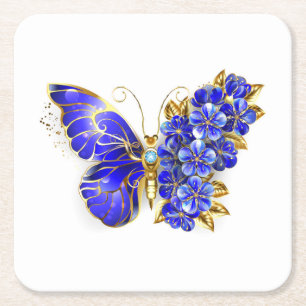 Flower Sapphire Butterfly Square Paper Coaster