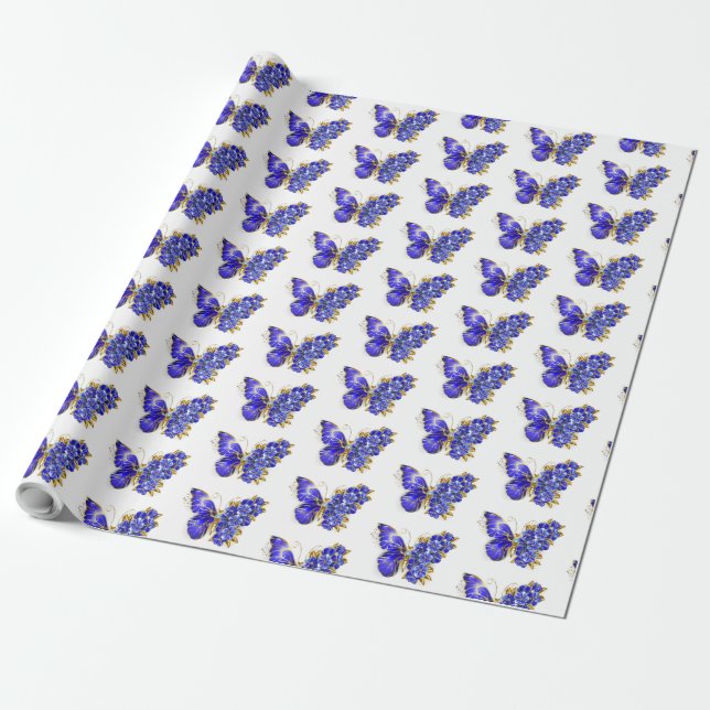 Flower Sapphire Butterfly Wrapping Paper (Unrolled)