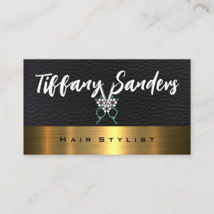 Flower Scissors Logo Leather Gold Metallic Business Card