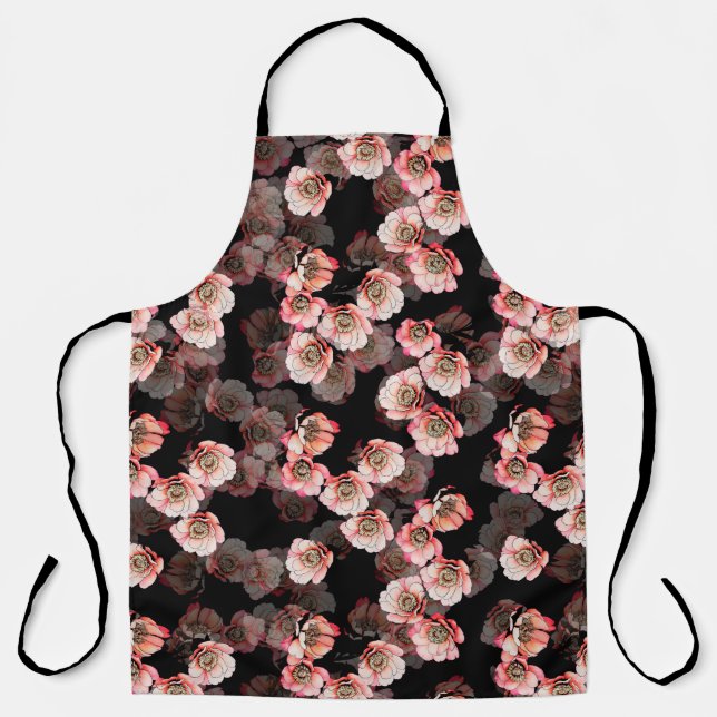 Flower seamless pattern bloom peony on black apron (Front)
