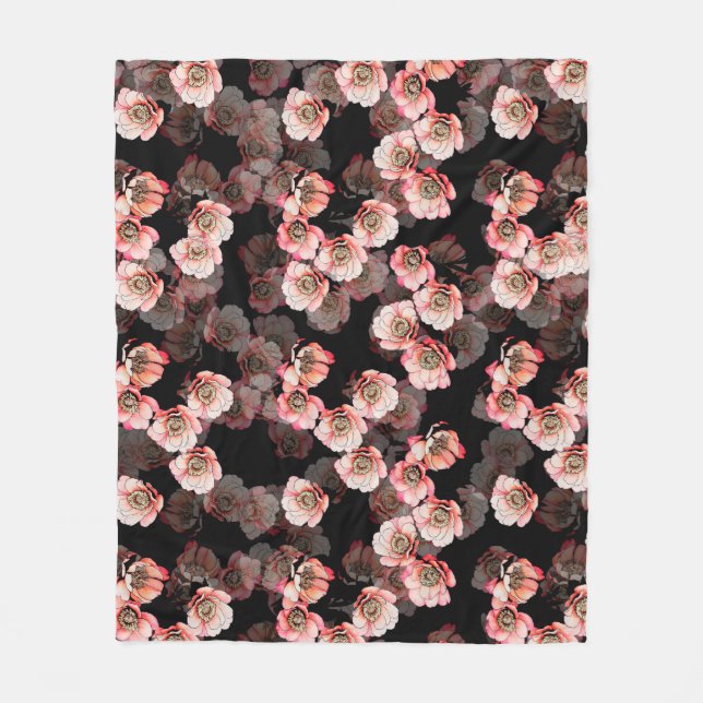 Flower seamless pattern bloom peony on black fleece blanket (Front)