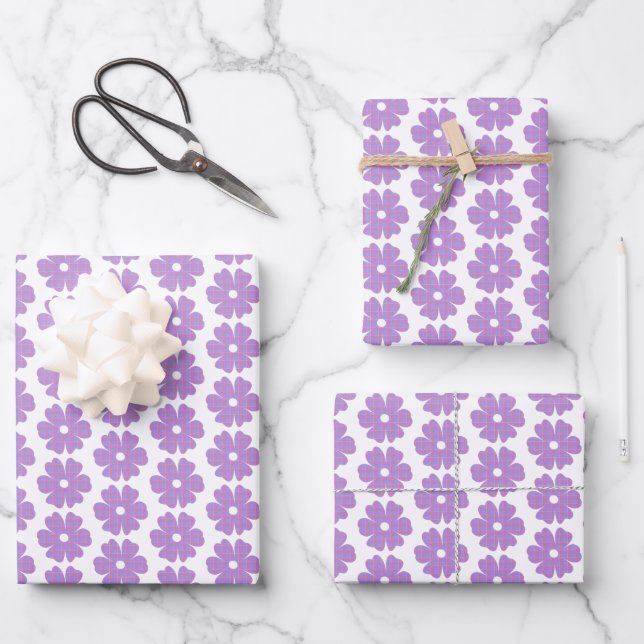 Flower Shape Plaid Pink Purple Wrapping Paper Sheet (Front)