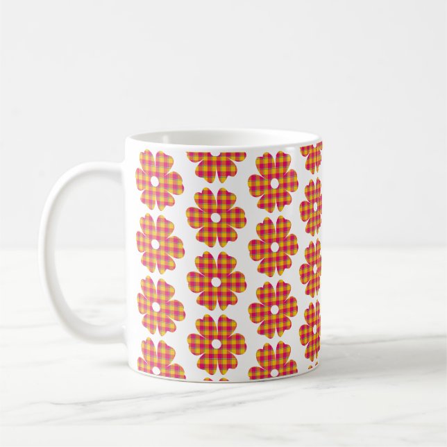 Flower Shape Plaid Yellow Orange Pink Coffee Mug (Left)