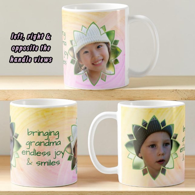 Flower Shape Replaceable Photo Colourful Backgroun Coffee Mug (Fun double photo mug with template text centered opposite the handle.)