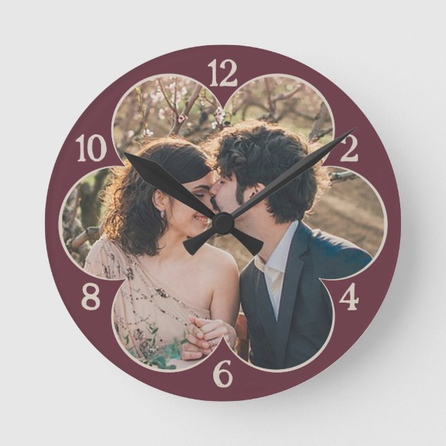 Flower Shaped Easy Custom Photo Template Burgundy Round Clock (Front)