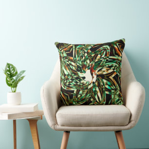 Flower-shaped metallic green stripes, shiny sepia cushion