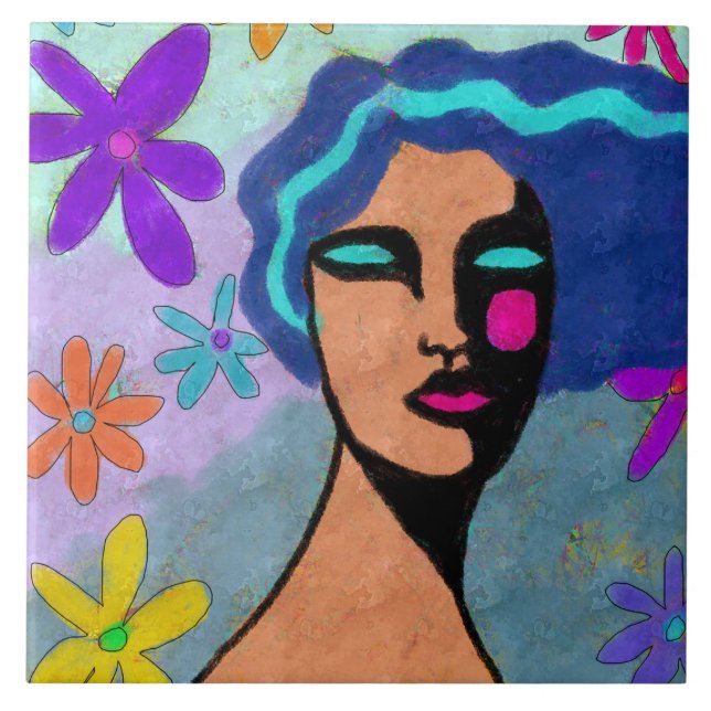 Flower Shower Abstract Digital Portrait of a Woman Ceramic Tile (Front)