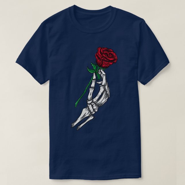 Flower,Skeleton Hand Holding Red Rose  T-Shirt (Design Front)