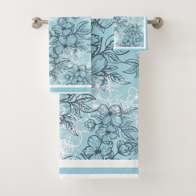 Flower Sketch Charcoal Grey and White  Bath Towel Set (Insitu)