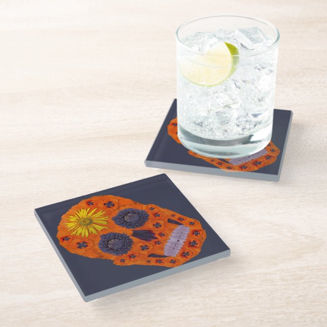 Flower Skull 1 Glass Coaster (Angled)